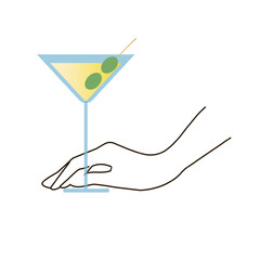 Hand holding martini cocktail with olives. Elegant glass with Alcohol drink. Flat and outline vector illustration isolated on white background