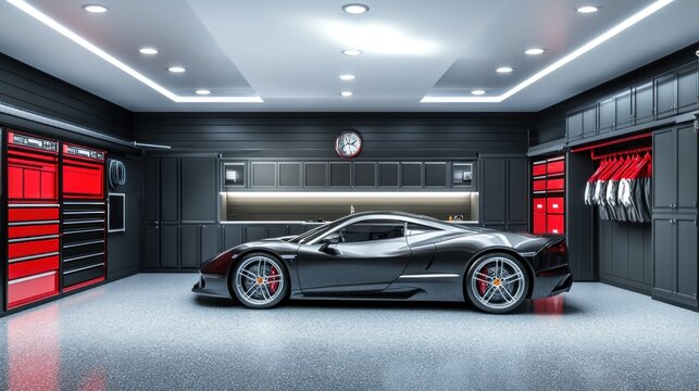 A black sports car parked in a modern garage with a gray epoxy floor, white ceiling, and black cabinets. - Powered by Adobe
