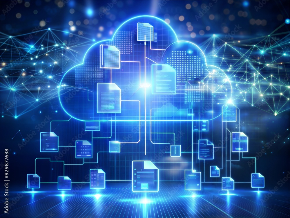 Poster cloud computing: a digital cloud icon representing the vast storage and connectivity of cloud comput