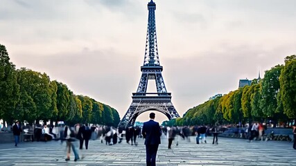  Parisian Perspective: A lone businessman in sharp attire stands contemplatively before the Eiffel Tower, his back to the camera, amidst the bustling Parisian crowd, encapsulating the allure and grand - Powered by Adobe