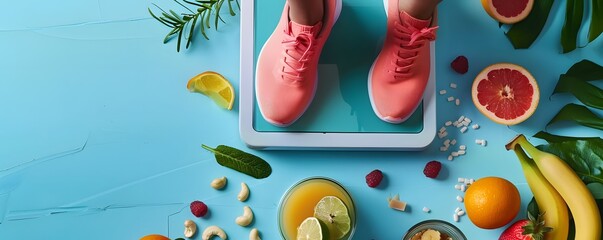 Pink Sneakers on a Scale with Fruit and Nuts on a Blue Background