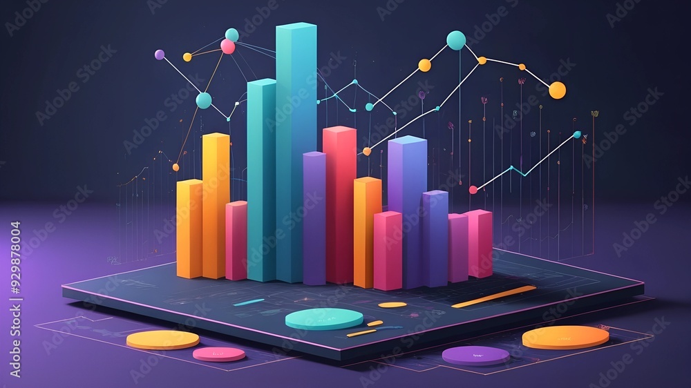 Poster data visualization: a vibrant, isometric illustration depicting a complex data set with bar charts, 