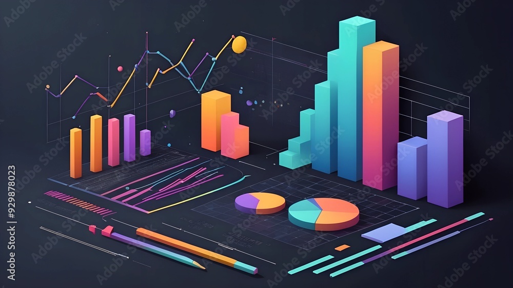 Poster data visualization: a vibrant, isometric illustration depicting a complex data set with bar charts, 