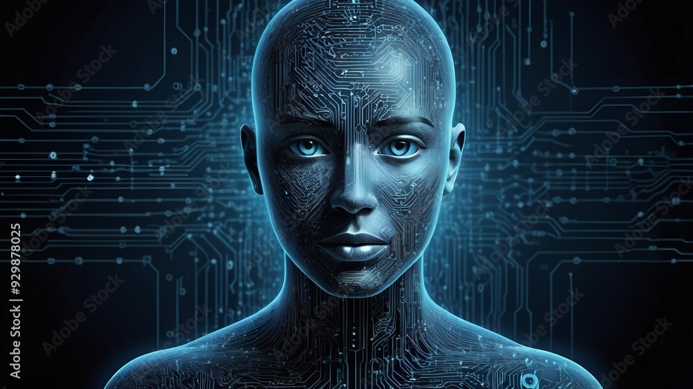 Poster the digital mind: a captivating portrait of an ai entity, its ethereal form composed of intricate ci