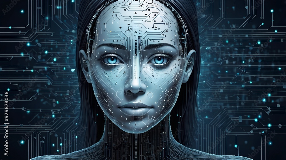 Poster the digital mind: a captivating portrait of an ai entity, its ethereal form composed of intricate ci