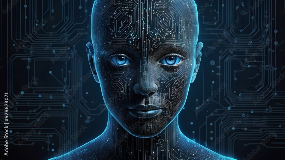 Poster the digital mind: a captivating portrait of an ai entity, its ethereal form composed of intricate ci