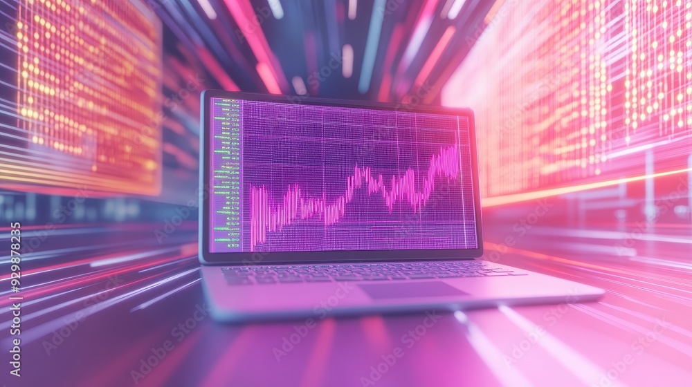 Aufkleber dynamic data visualization on a laptop screen, showcasing a rising graph amidst vibrant digital effe