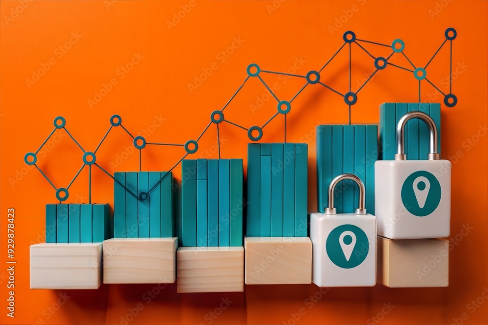 Poster secured growth: a vibrant blue bar graph steadily ascends, secured by symbolic location-tagged padlo