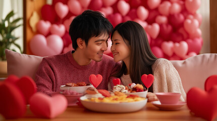 Romantic Couple Enjoying Valentine's Day Meal with Heart Decorations