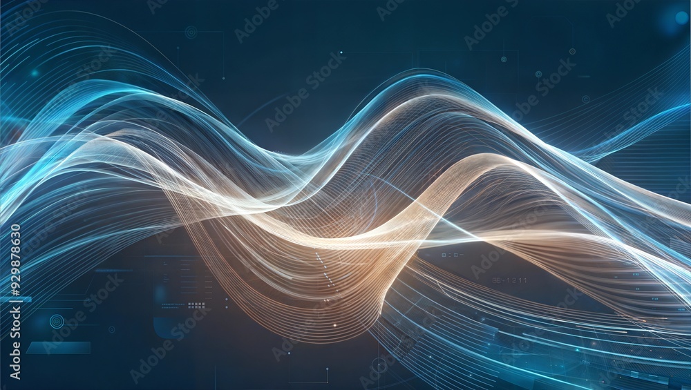 Poster data streams in motion: a mesmerizing fusion of glowing blue and orange waves, symbolizing the dynam