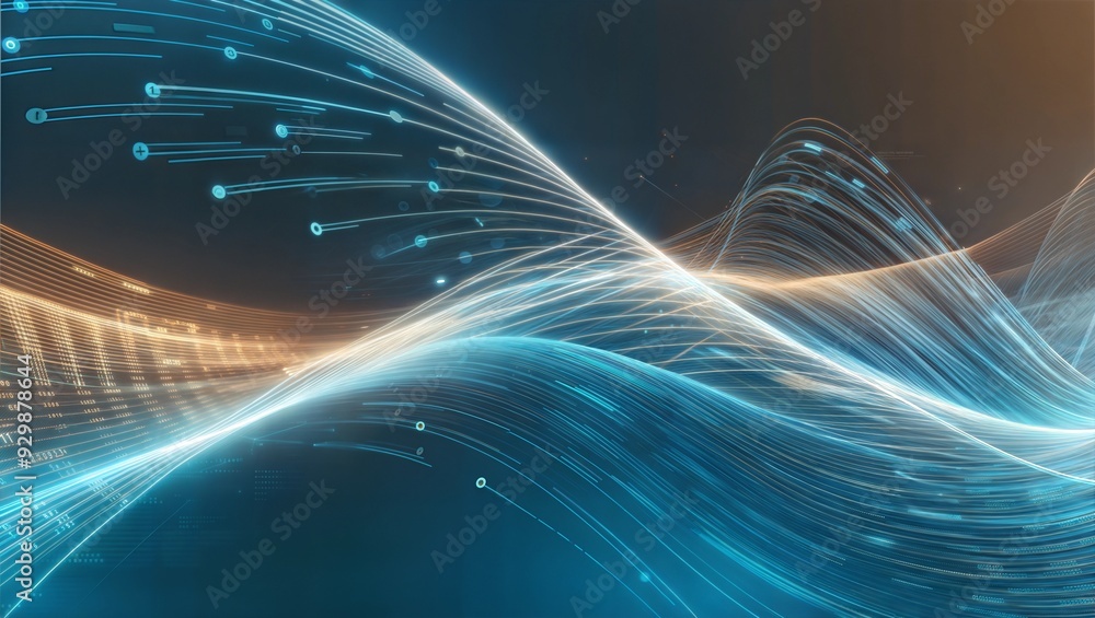 Poster data streams in motion: a mesmerizing fusion of glowing blue and orange waves, symbolizing the dynam