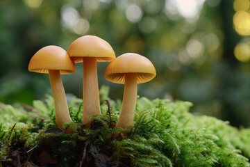 Trio of Golden Mushrooms Growing on Mossy Forest Floor