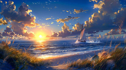 Sailboat Sailing into the Setting Sun on a Calm Ocean