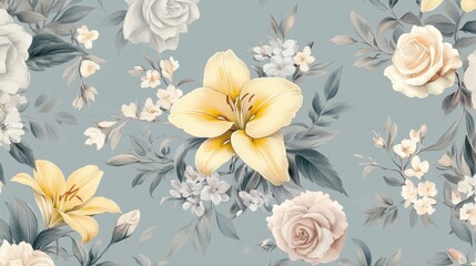 A floral pattern featuring yellow lilies and various roses on a soft blue background.