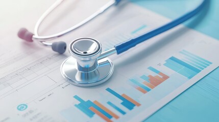 A stethoscope rests on medical charts highlighting health statistics and data analysis in a clinical setting.