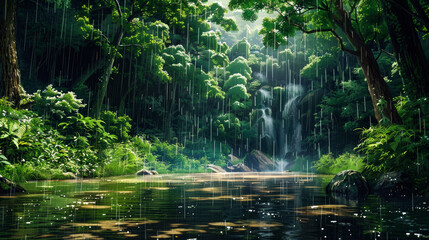 Lush Rainforest Landscape with a Waterfall and Pond