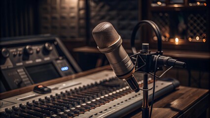 Vintage Microphone in Recording Studio:  A classic silver microphone sits ready to capture sound in a dimly lit recording studio, with a vintage mixer and warm lighting setting the stage for creative 