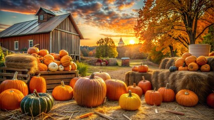 Autumn's Golden Embrace: Pumpkins and hay bales bask in the warm glow of sunset on a picturesque farm, embodying the rustic charm of the fall season. 