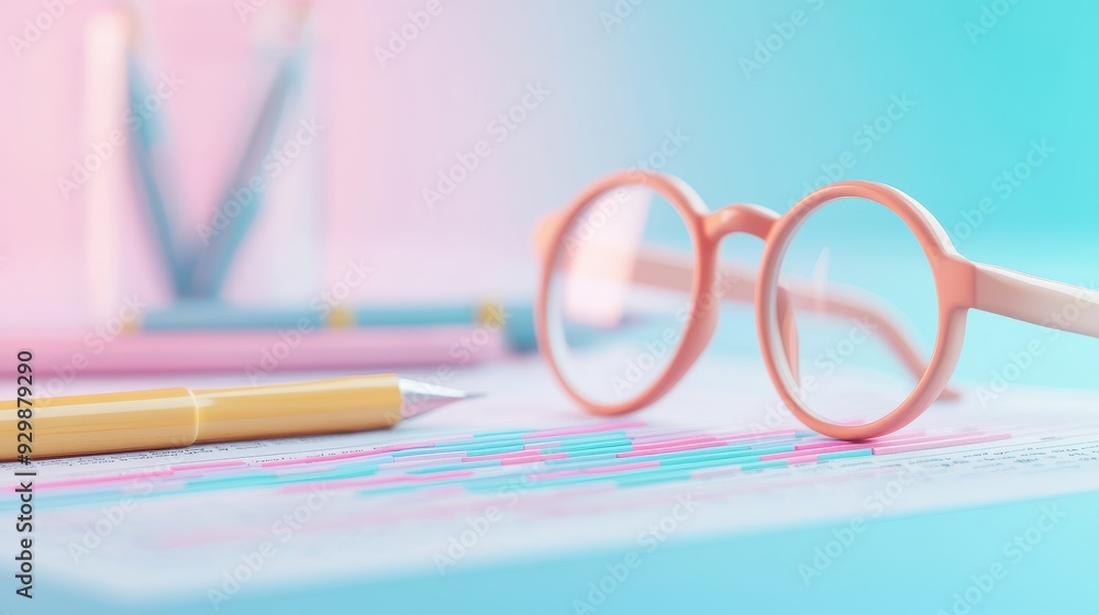 Poster stylish glasses rest on a colorful workspace, surrounded by pens and a notepad, creating a vibrant s