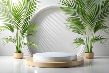 Obraz premium Minimalist Product Display: A circular wooden podium, nestled amongst lush palm plants, presents a pristine white circle for showcasing your product in a modern, natural setting. Perfect for highligh