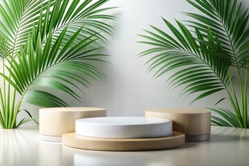 Fototapeta premium Minimalist Product Display: A circular wooden podium, nestled amongst lush palm plants, presents a pristine white circle for showcasing your product in a modern, natural setting. Perfect for highligh
