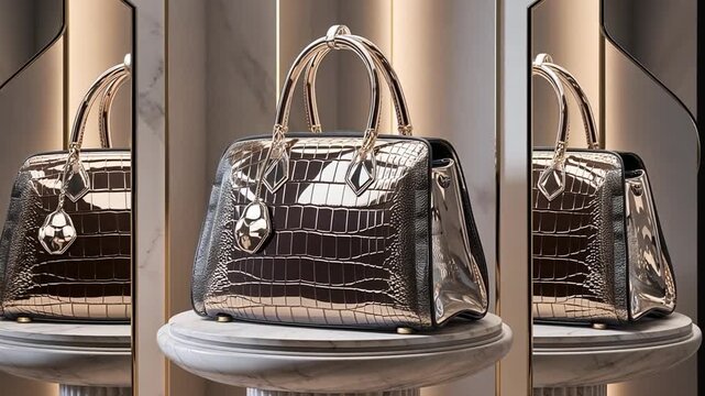 Luxurious handbag showcased in high-end 3D rendering with customizable textures on a marble pedestal. Perfect for fashion look books.