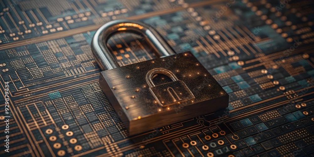 Poster cybersecurity lock: a close-up of a sturdy padlock resting securely on a circuit board, signifying d