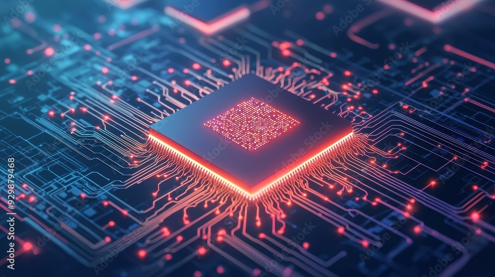 Poster a vibrant close-up of a microchip glowing with neon lights, showcasing intricate circuit designs and