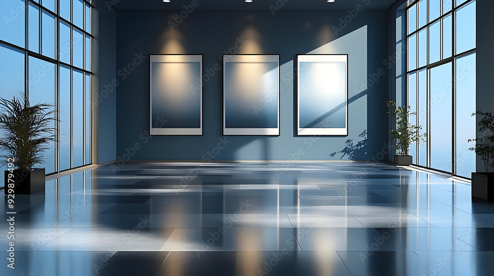 Poster modern gallery space with large windows and minimal decor.