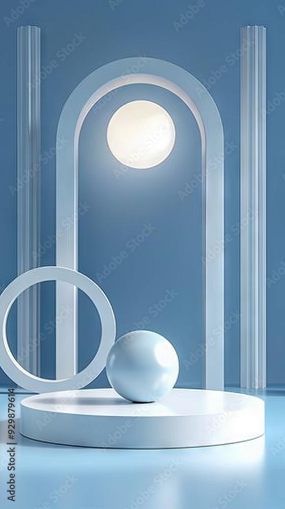 Poster A stage design with a soft blue backdrop, showcasing a sphere on a circular platform and archways that add visual interest
