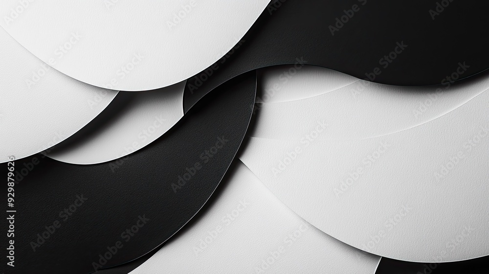 Poster abstract black and white overlapping shapes with ample copy space in the center.