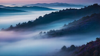 Fototapeta premium Mystical Mountain Dawn: Layers of mist dance through a valley of rolling hills, bathed in the soft hues of sunrise. 