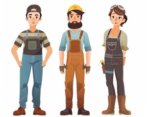 Fototapeta premium Three people wearing plumber electrician and carpe 248 people, worker, construction, builder, woman, person, men, jacket, suit, vector, clothing, business, work, clothes, fashion, helmet, illustratio
