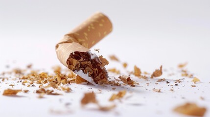 A broken cigarette lies on a pristine white background, with scattered tobacco pieces, representing the choice to stop smoking for better health. Generative AI