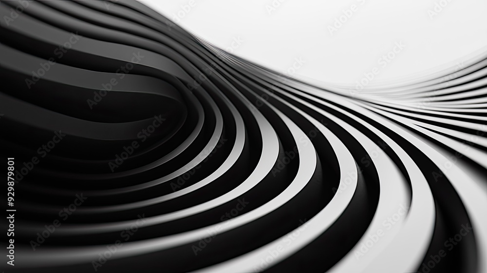 Poster black and white abstract curved lines with ample copy space in the bottom half.