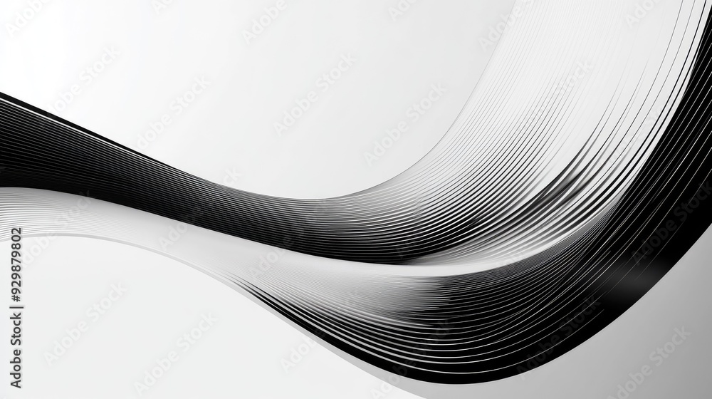 Poster black and white abstract curved lines with ample copy space in the bottom half.