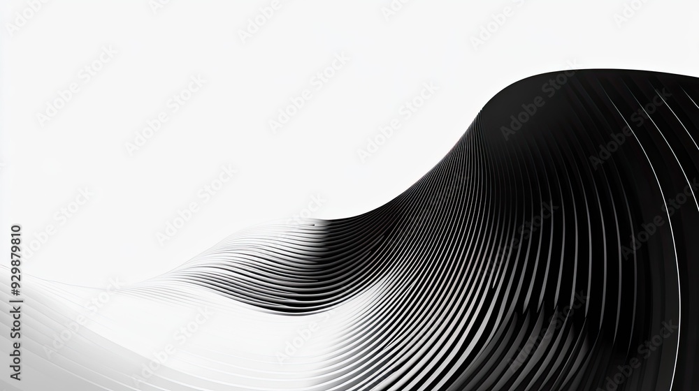 Poster black and white abstract curved lines with ample copy space in the bottom half.