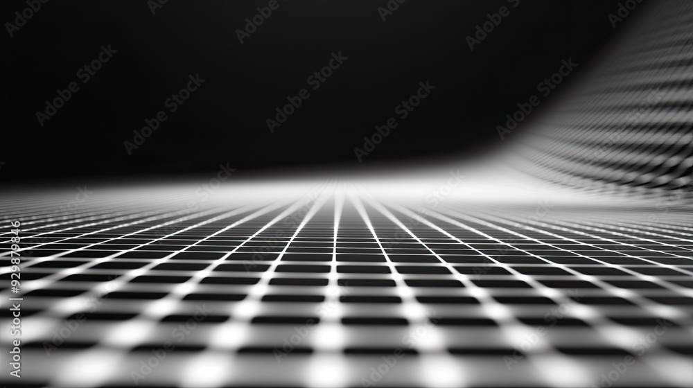 Poster blackm half. and white abstract grid pattern with ample copy space in the bottom half.