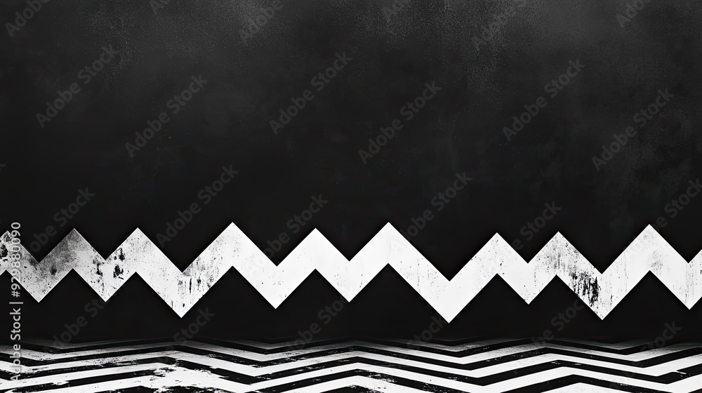 Poster black and white abstract zigzags with ample copy space in the bottom half.