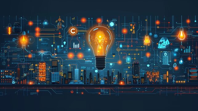vector illustration cartoon flat design D innovat  275 bulb, light, idea, lamp, energy, lightbulb, electricity, concept, electric, icon, power, light bulb, design, business, bright, symbol, vector, te