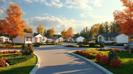 Obraz premium Row of suburban houses with paved driveway and autumn foliage.