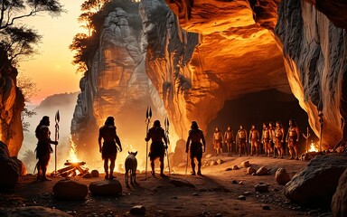 A primitive tribe of ancient people in animal skins stands by a large fire in a cave. Neanderthals. Ice Age. The concept of human evolution.