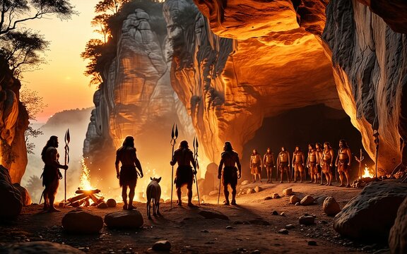 A primitive tribe of ancient people in animal skins stands by a large fire in a cave. Neanderthals. Ice Age. The concept of human evolution.