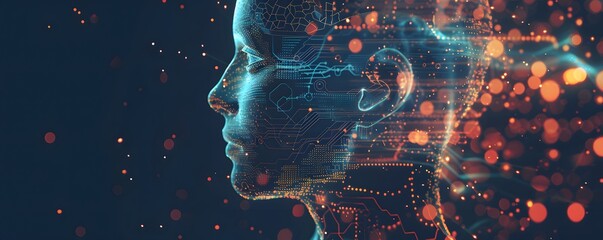 Abstract digital portrait of a person with a circuit board overlay.