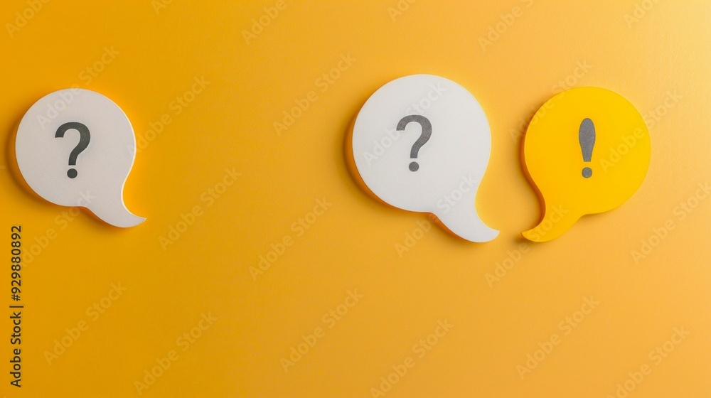 Poster colorful speech bubbles with question marks and an exclamation mark. this image conveys curiosity an