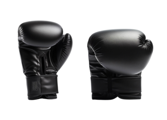A pair of sleek black boxing gloves designed for training and competition in martial arts and boxing.