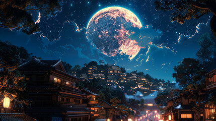Nighttime View of a Japanese Village with a Giant Moon in the Sky