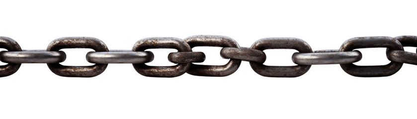 A close-up view of a sturdy metal chain with a weathered finish, ideal for industrial or security themed projects.