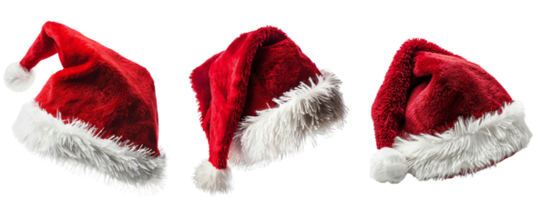 A collection of festive red Santa hats with white fur trim, perfect for holiday celebrations and Christmas decorations.
