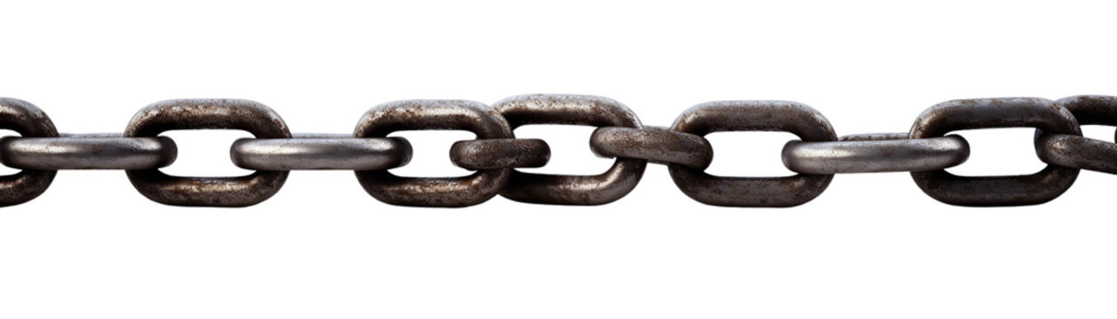 A close-up view of a sturdy metal chain with a weathered finish, ideal for industrial or security themed projects.